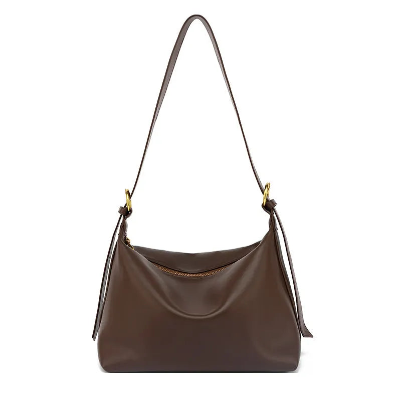 Black litchi grain genuine leather cowhide crossbody underarm bag with open outer pocket and stitching