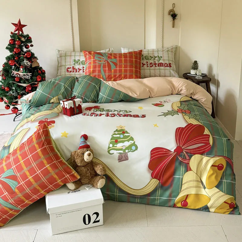 Christmas bedding four-piece set with soft washed cotton texture and colourful cartoon prints.