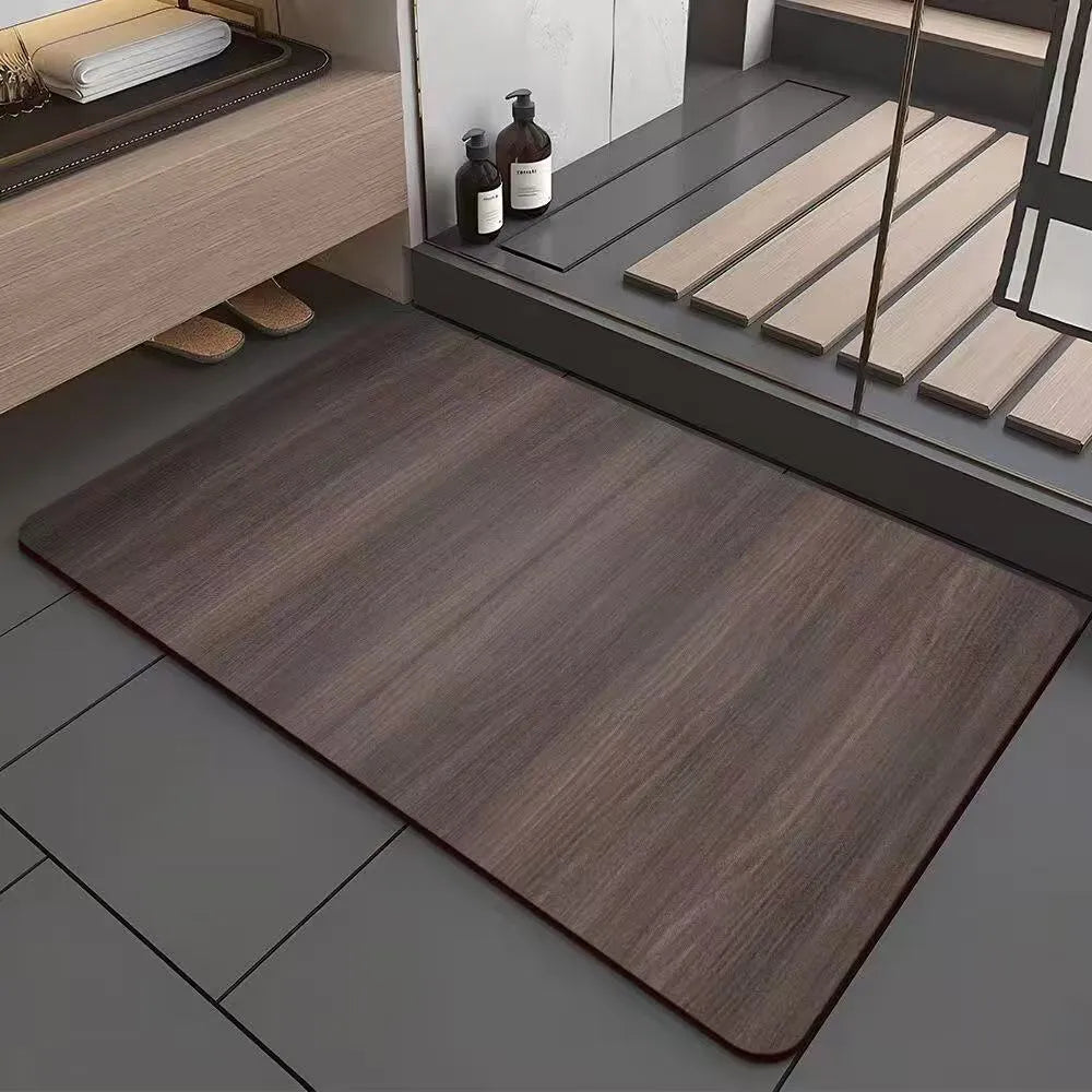 Square American wood grain geometric pattern diatom ooze bathroom floor mat on tiles.