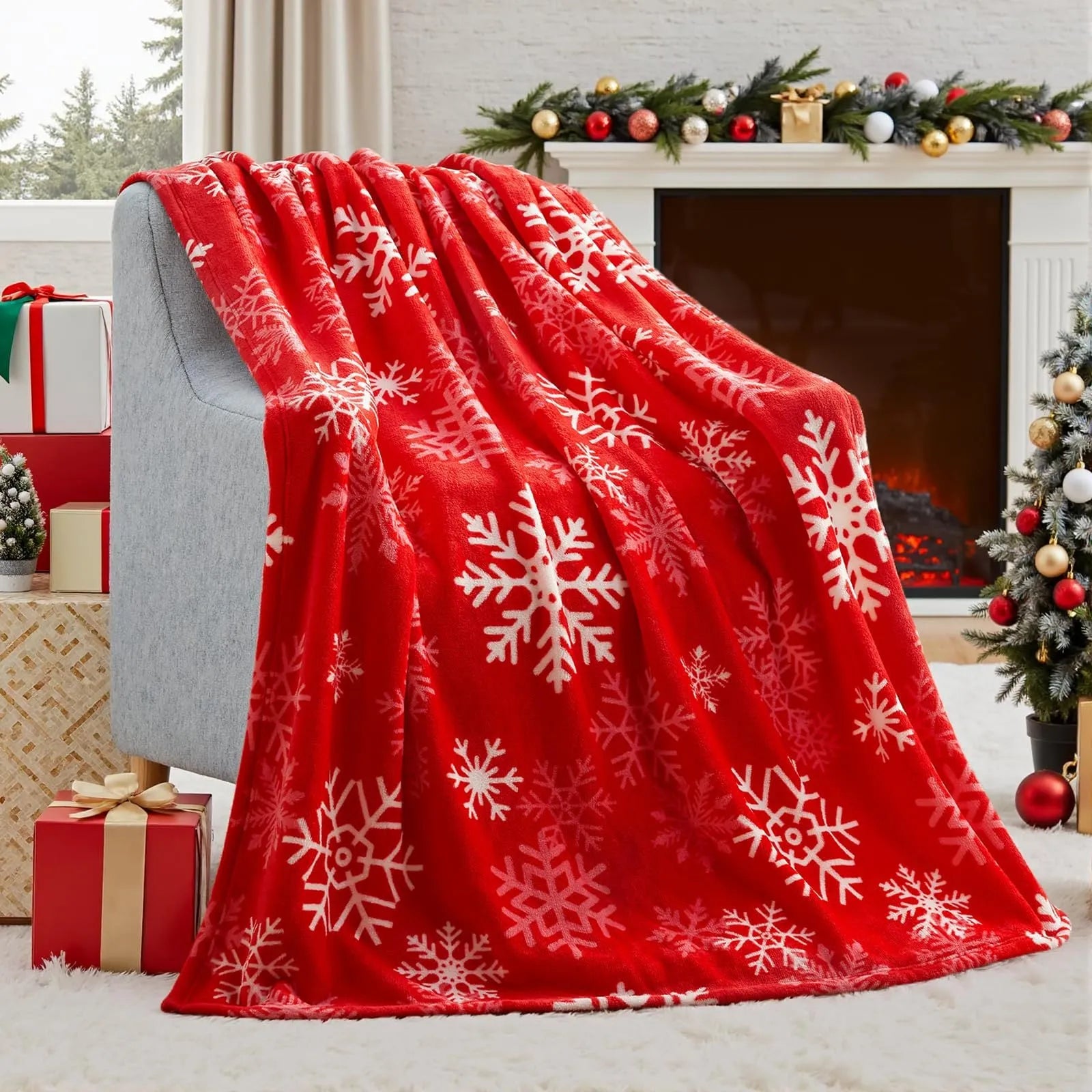 Soft red plush Christmas blanket draped over a sofa corner.