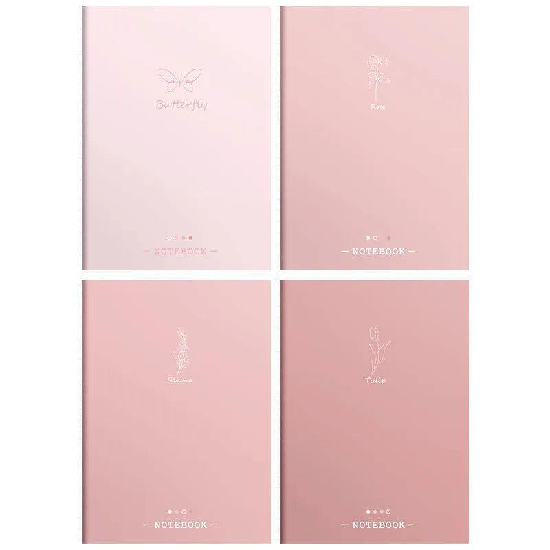 Four creative trend notebooks with paper cover in Dream on the Cloud, Cheese Grape, Flower Words, and Tea Fun designs