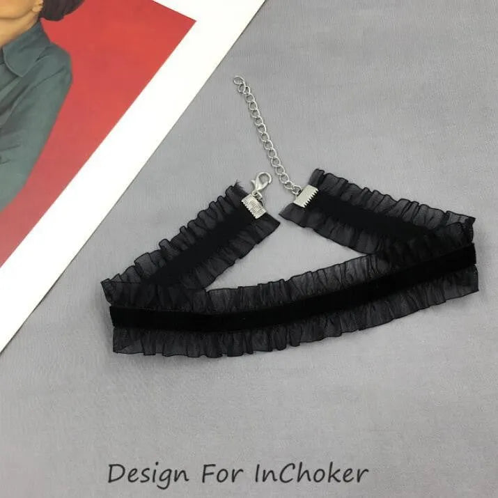 Velvet ruffled clavicle chain necklace with floral pendant in three colour options