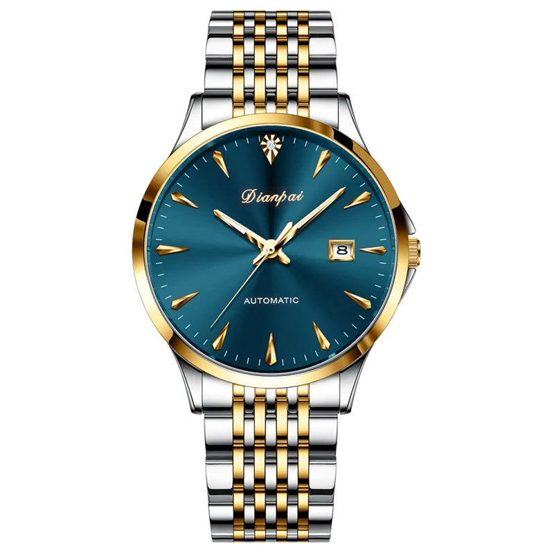 Men's stainless steel automatic watch with a simple dial and mineral glass crystal.
