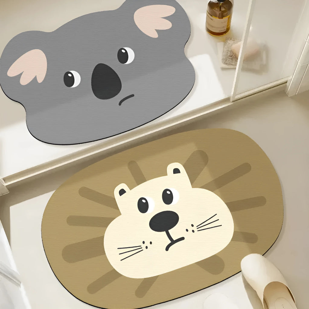 Cartoon animal diatomite bathroom mat with non-slip backing in brown bear, frog, hippo, koala, or lion design.