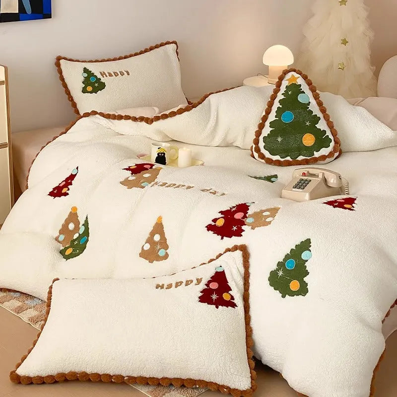 Bright yellow winter cartoon print duvet cover set with embroidery on a bed, showing fleece lining.