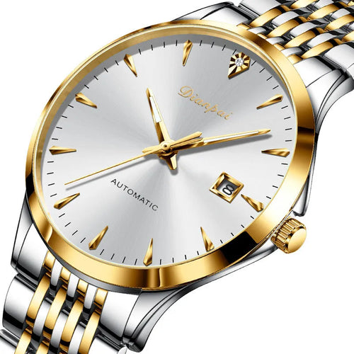 Men's stainless steel automatic watch with a simple dial and mineral glass crystal.