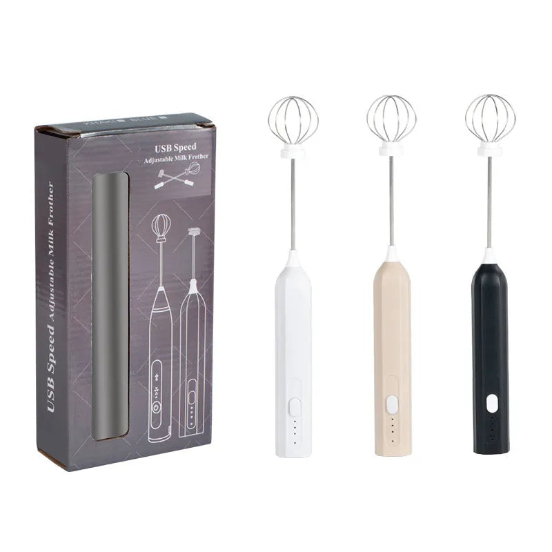 Handheld electric whisk in white, black, or apricot with USB rechargeable wireless design and three speed settings