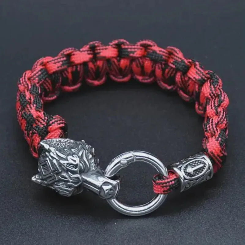 Stainless steel wolf head bracelet with engraved Luen character in camouflage colour
