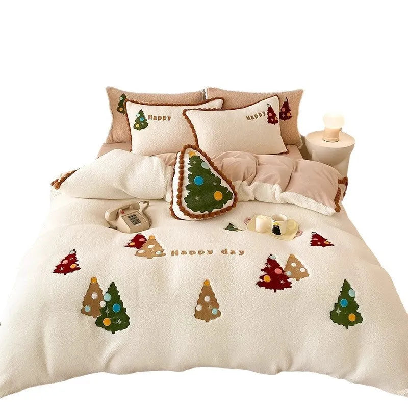 Bright yellow winter cartoon print duvet cover set with embroidery on a bed, showing fleece lining.