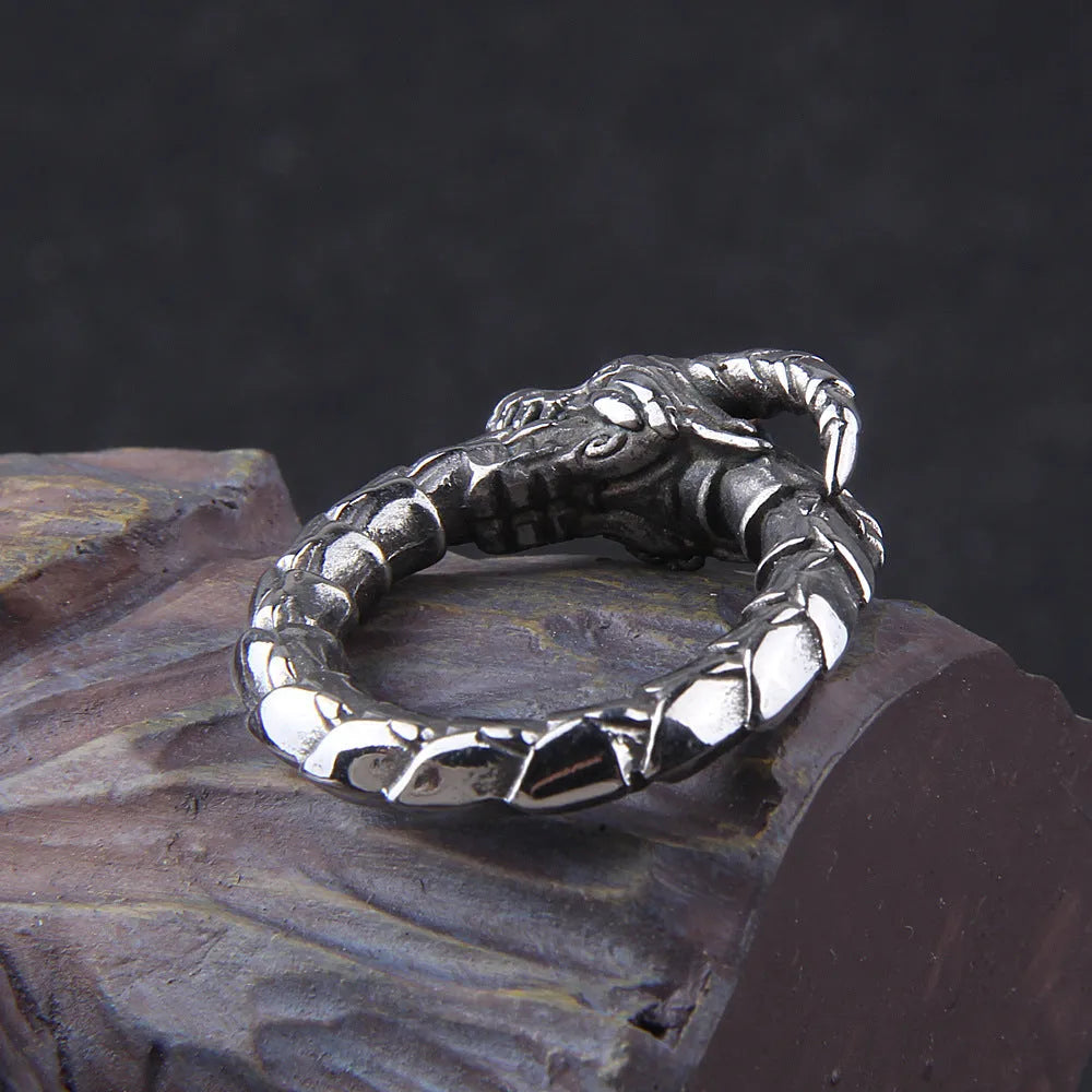 Stainless steel dragon ring in steel colour with Norwegian myth ethnic style design, unisex sizes 7 to 13