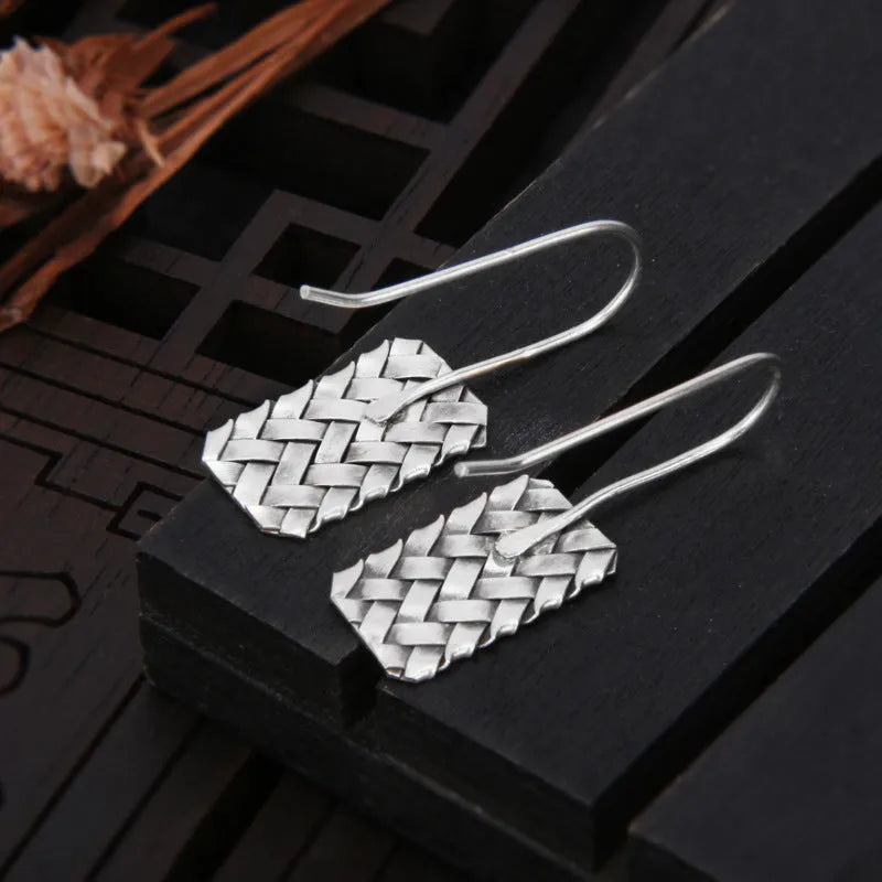 Women's silver geometric diamond plaid earrings made from 925 sterling silver