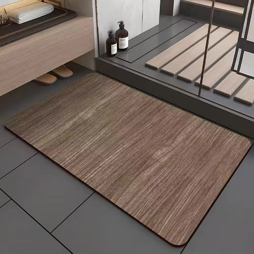 Square American wood grain geometric pattern diatom ooze bathroom floor mat on tiles.