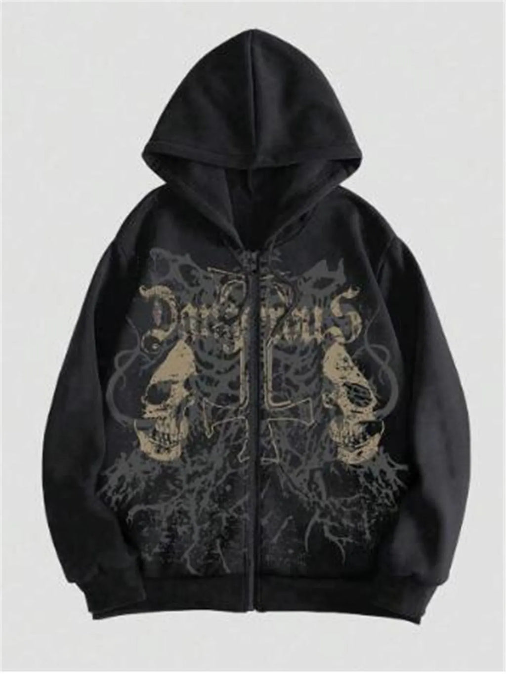 Black men's hooded sweatshirt with a green skull print on the chest, showing long sleeves and pullover style.