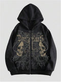 Black men's hooded sweatshirt with a green skull print on the chest, showing long sleeves and pullover style.