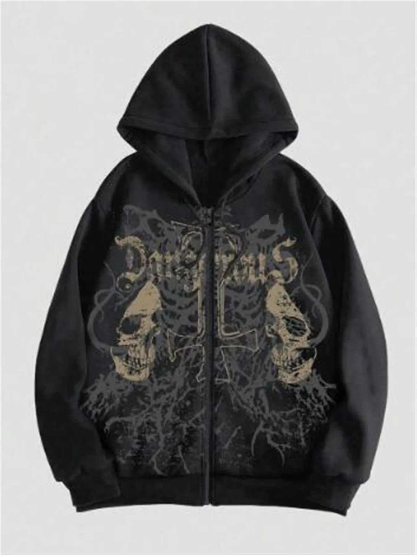 Black men's hooded sweatshirt with a green skull print on the chest, showing long sleeves and pullover style.