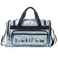 Large silver PU leather sports handbag with letter detailing showing interior compartments