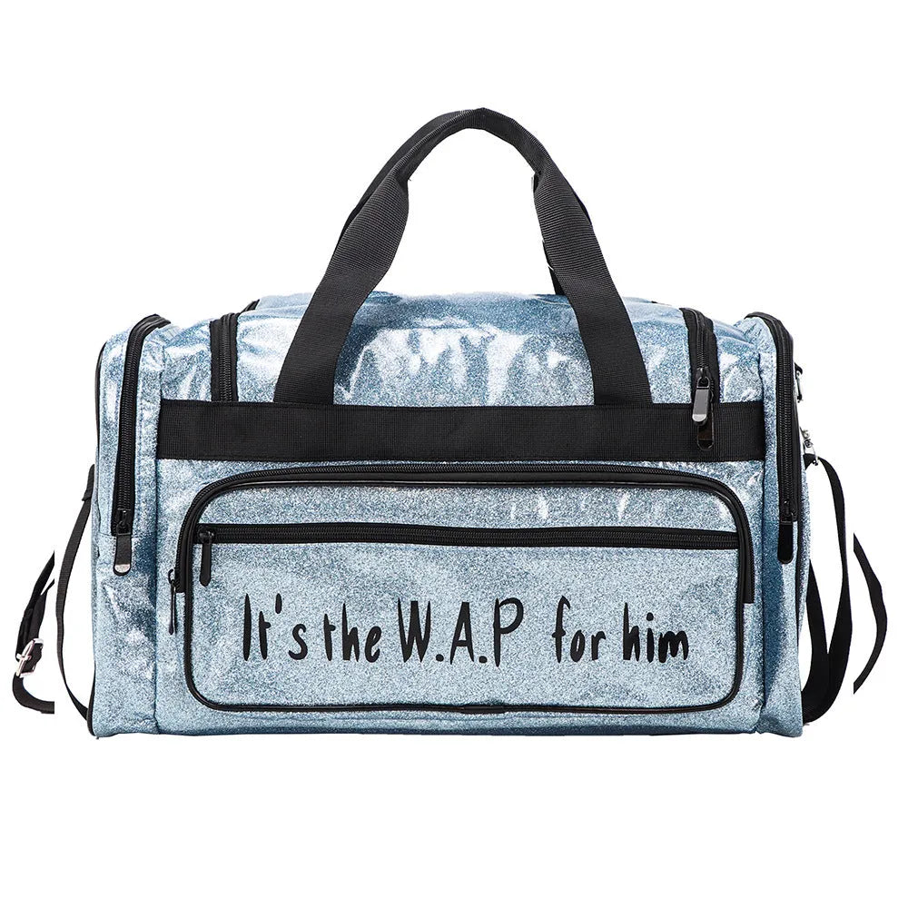 Large silver PU leather sports handbag with letter detailing showing interior compartments