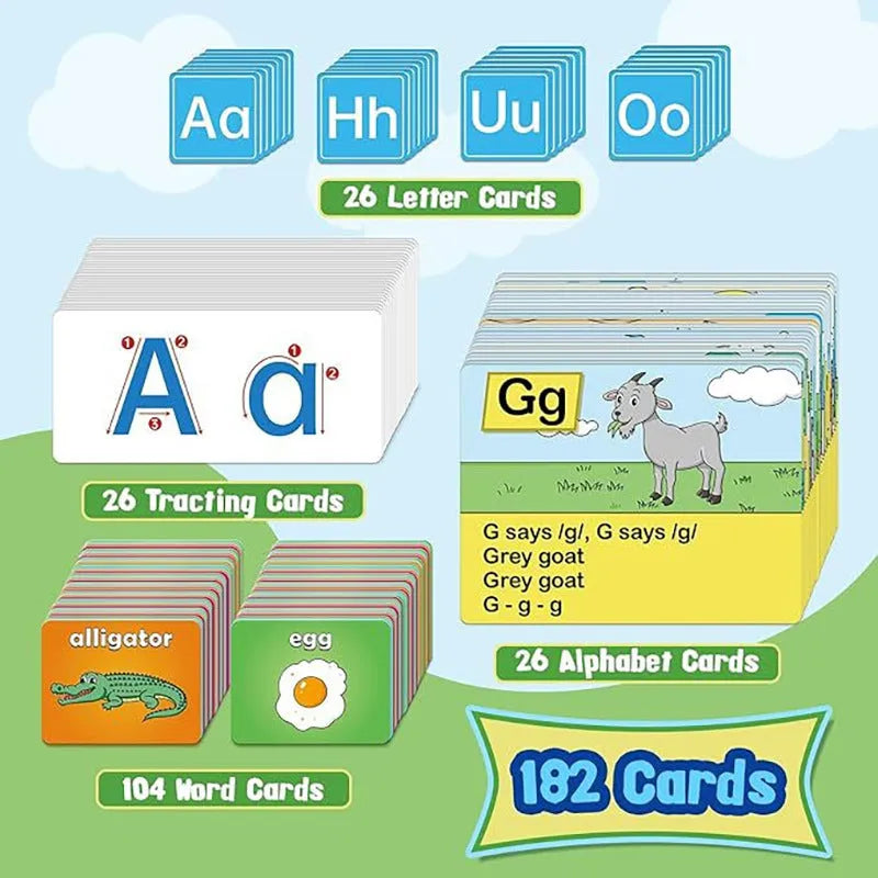 Alphabet learning chart with word cards, letter cards, and picture cards for early childhood education