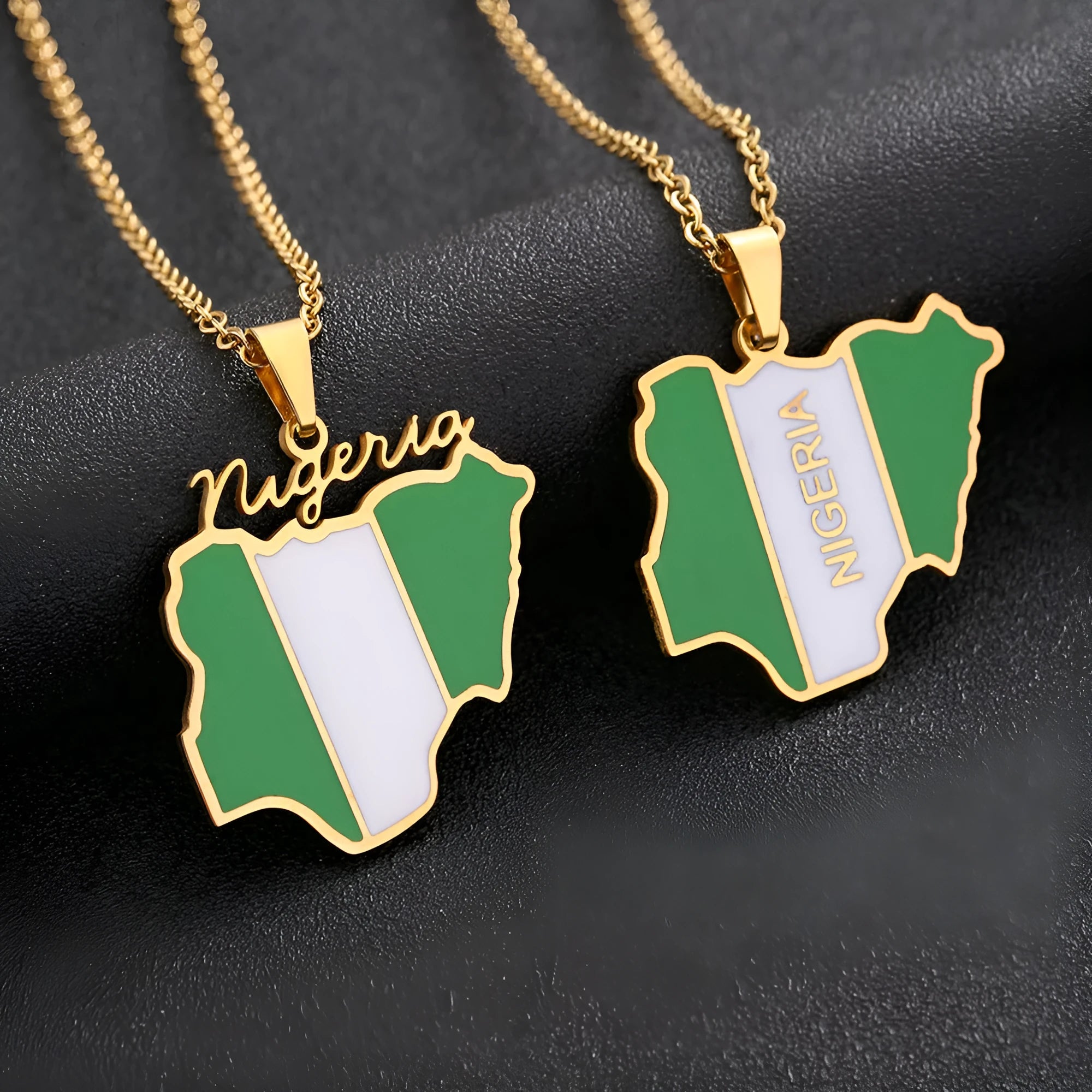 Stainless steel Africa Nigeria map pendant necklace with dripping oil finish on a white background