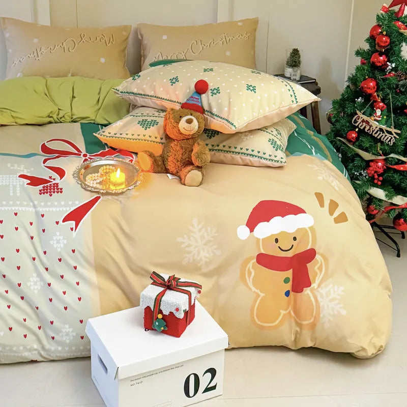 Christmas cartoon printed four-piece bedding set with duvet cover, sheet, and pillowcases on a bed