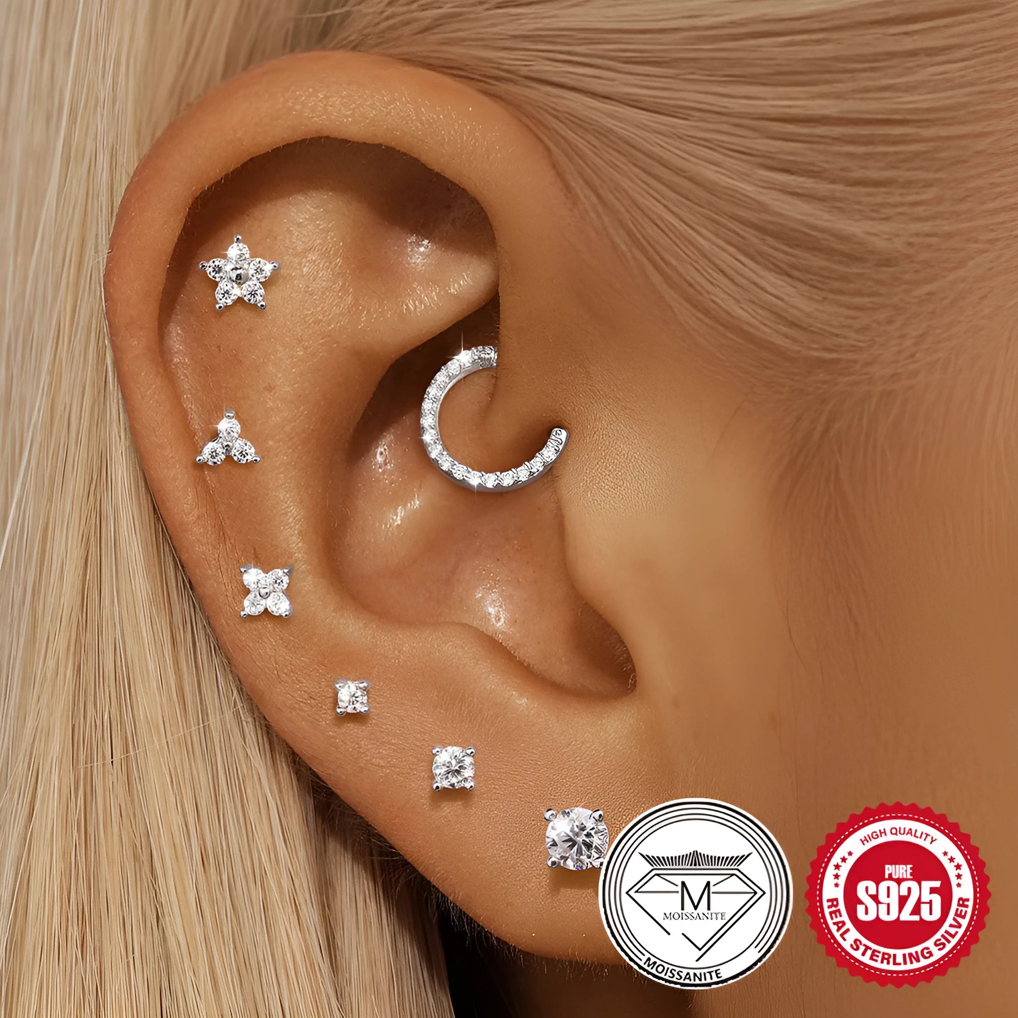 Set of S925 sterling silver geometric stud earrings with petal designs in platinum finish, showing 2mm, 3mm, and 4mm sizes.