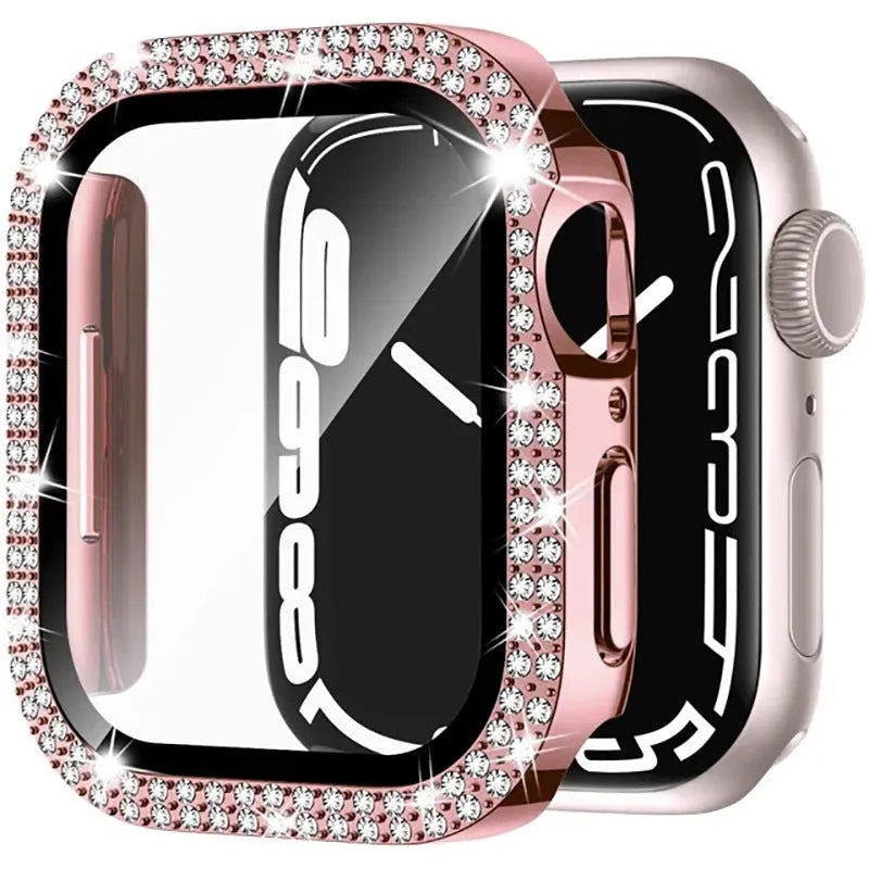 Apple Watch protective case with double diamond glass in rose pink, gold, and silver colour options