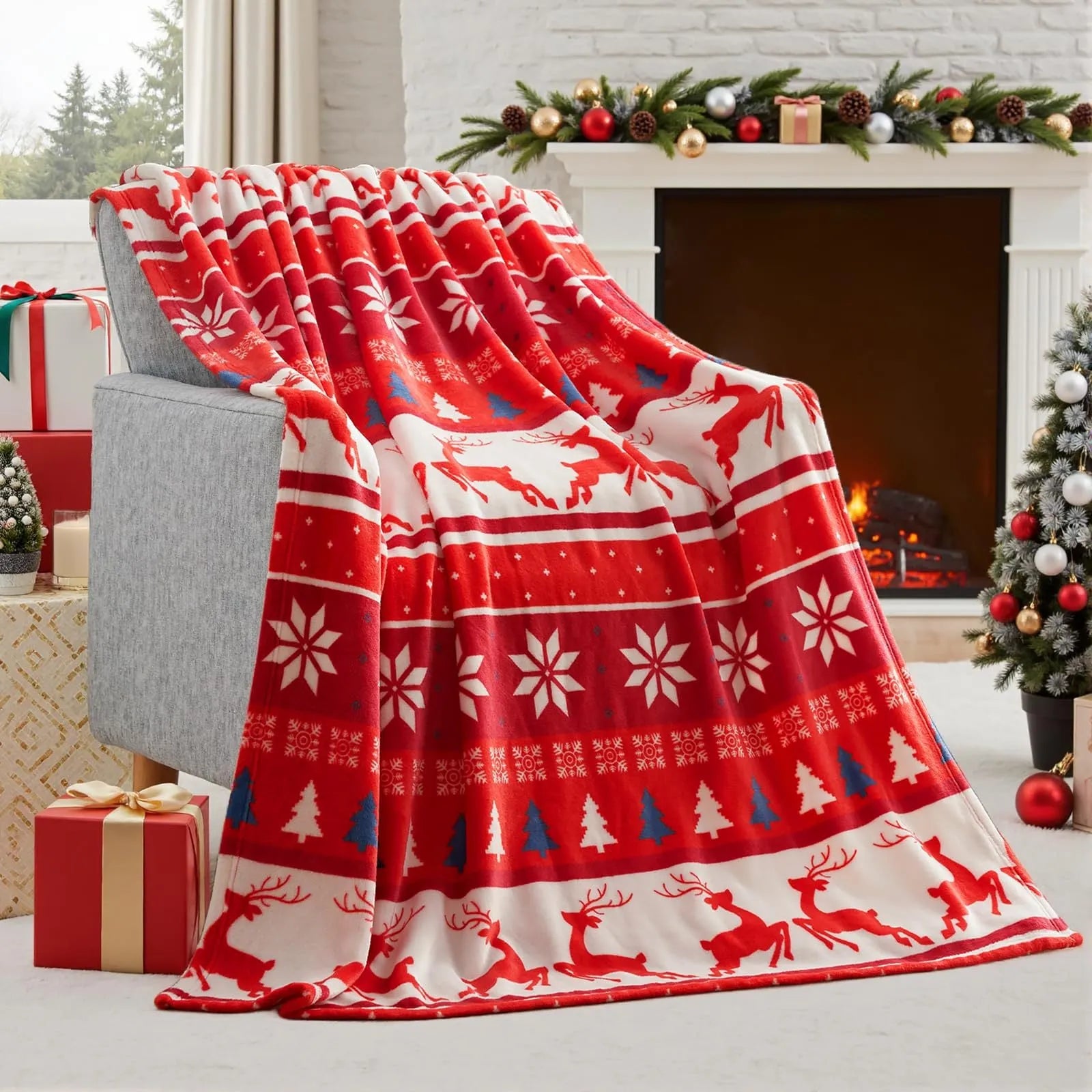 Soft red plush Christmas blanket draped over a sofa corner.