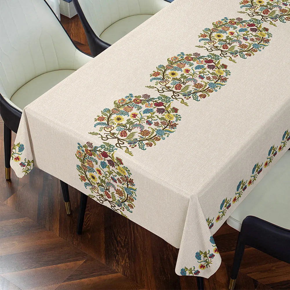 Rectangular PVC tablecloth with non-slip backing on a coffee table, showing geometric pattern