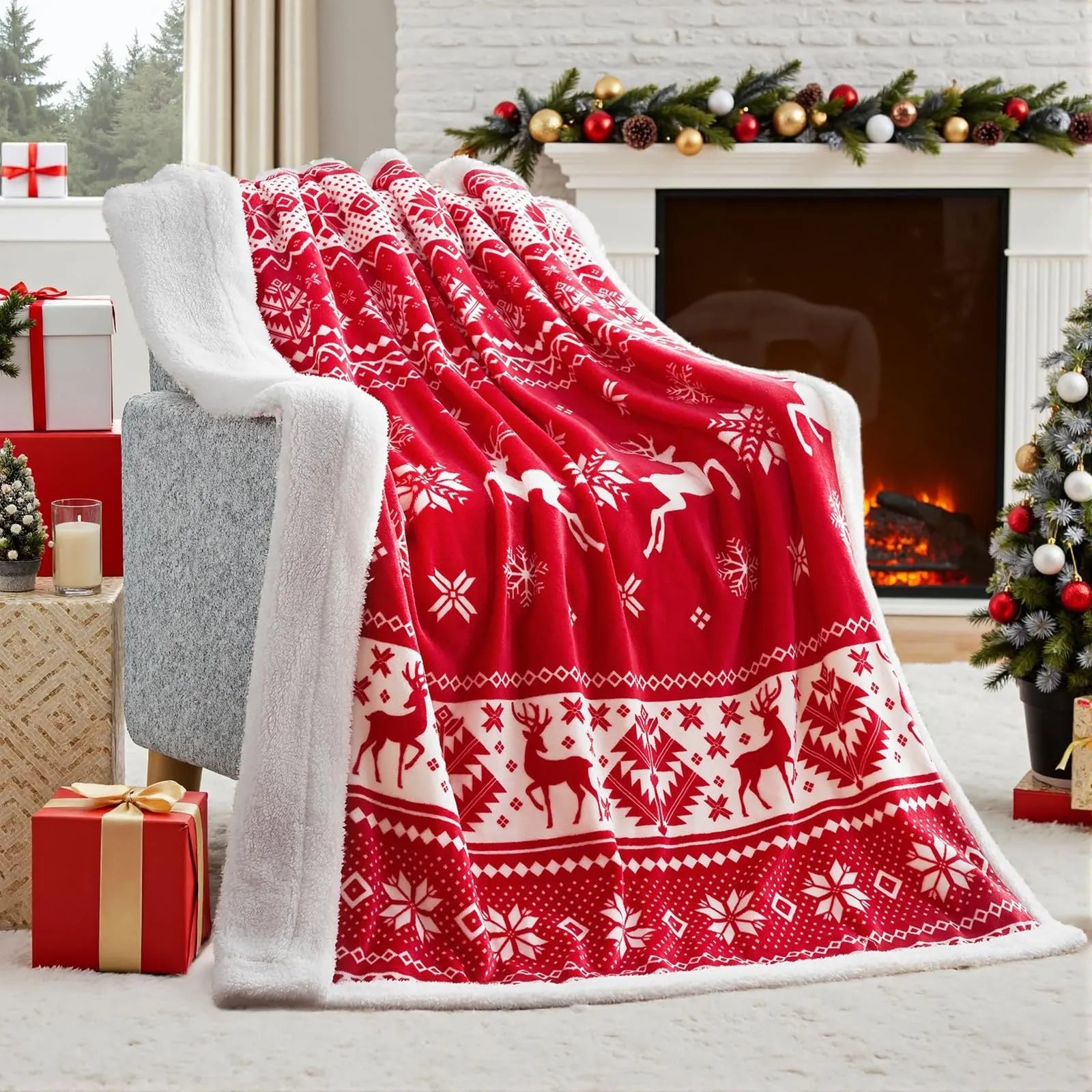 Soft red plush Christmas blanket draped over a sofa corner.
