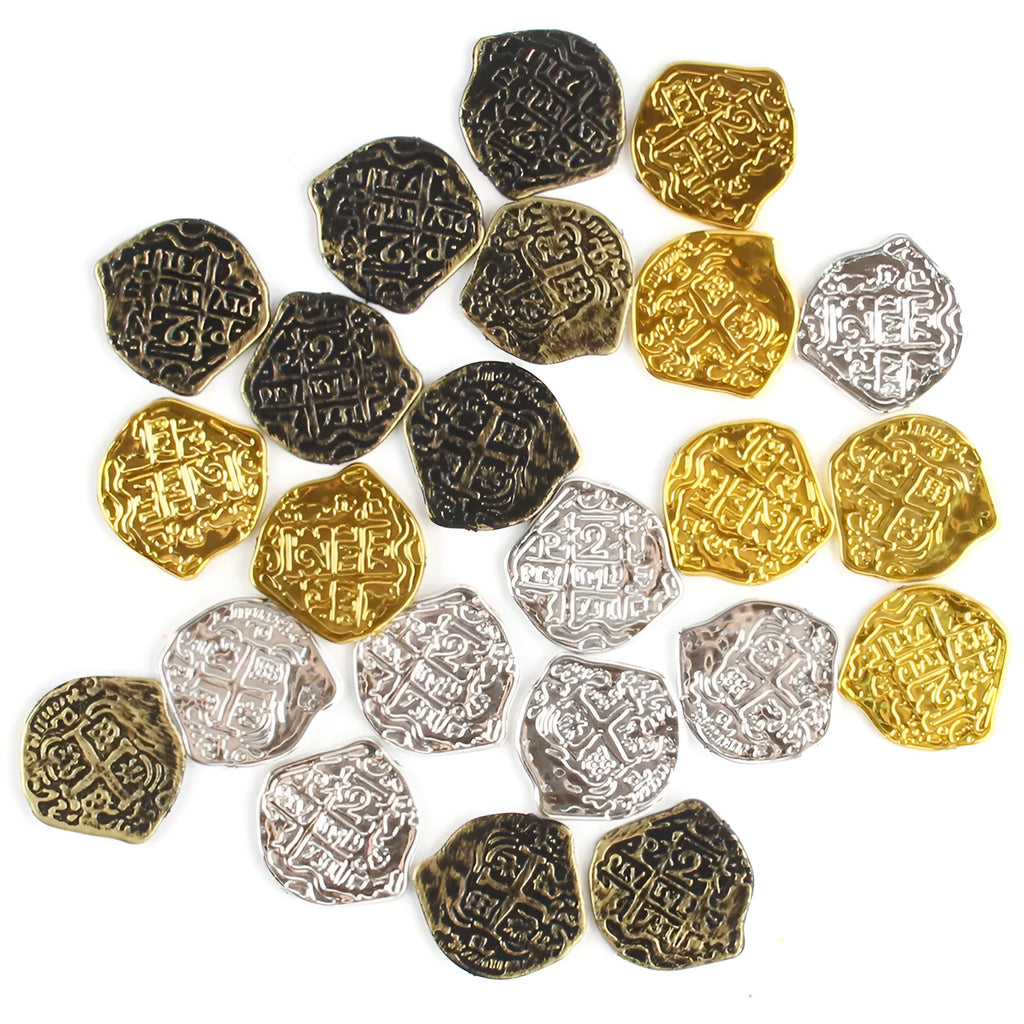 Plastic Roman coin replicas with electroplated gold, silver and bronze metallic finishes