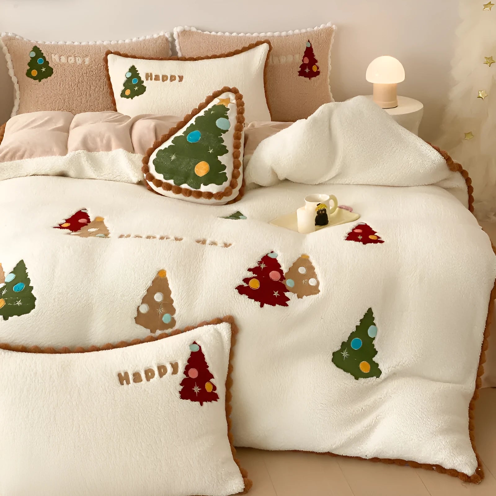 Bright yellow winter cartoon print duvet cover set with embroidery on a bed, showing fleece lining.
