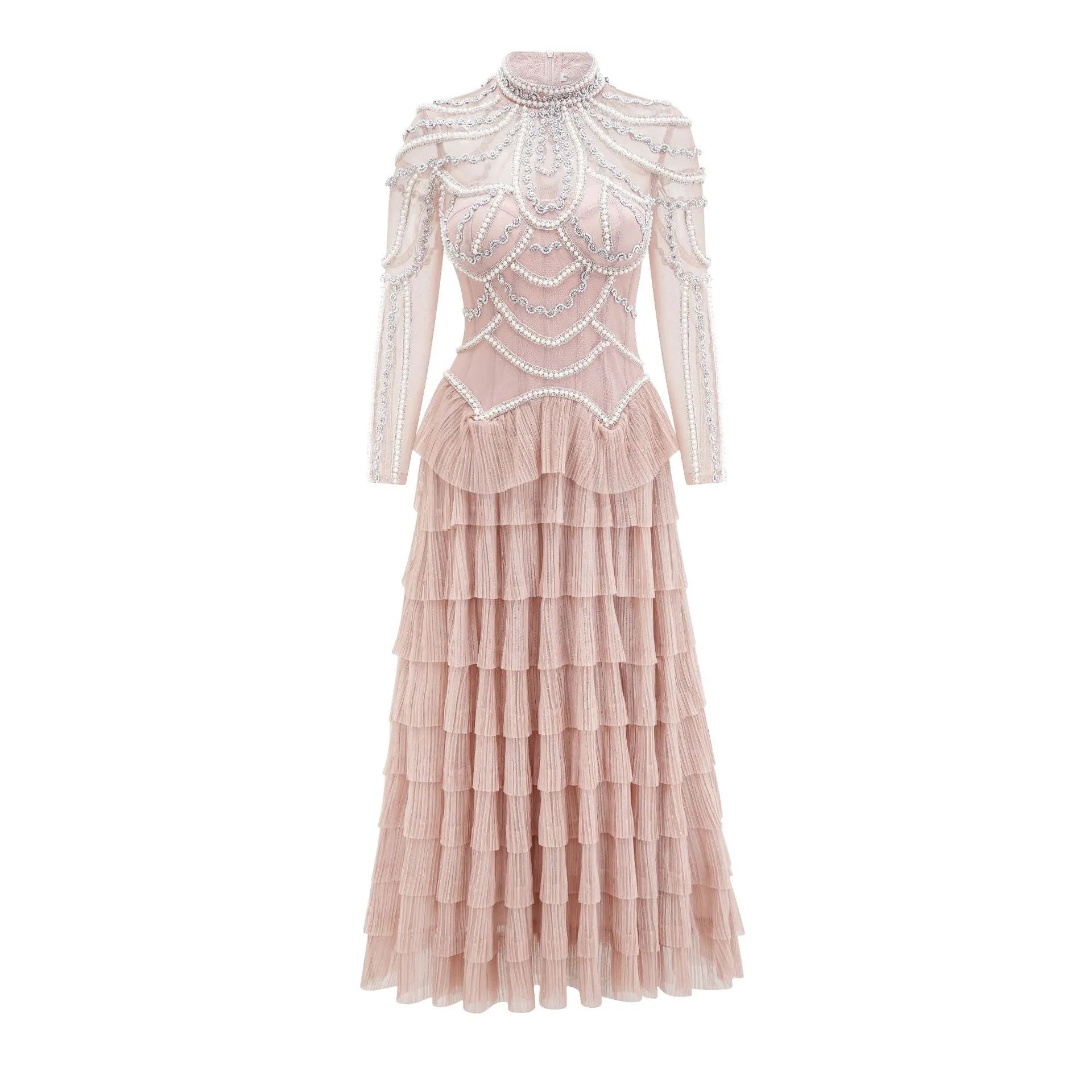 Black long sleeve women's dress with beaded decoration and a long skirt.