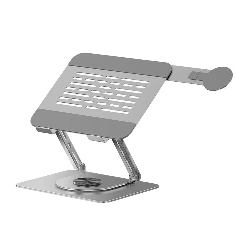 Silver carbon steel laptop stand with rotating base and attached magnetic phone holder