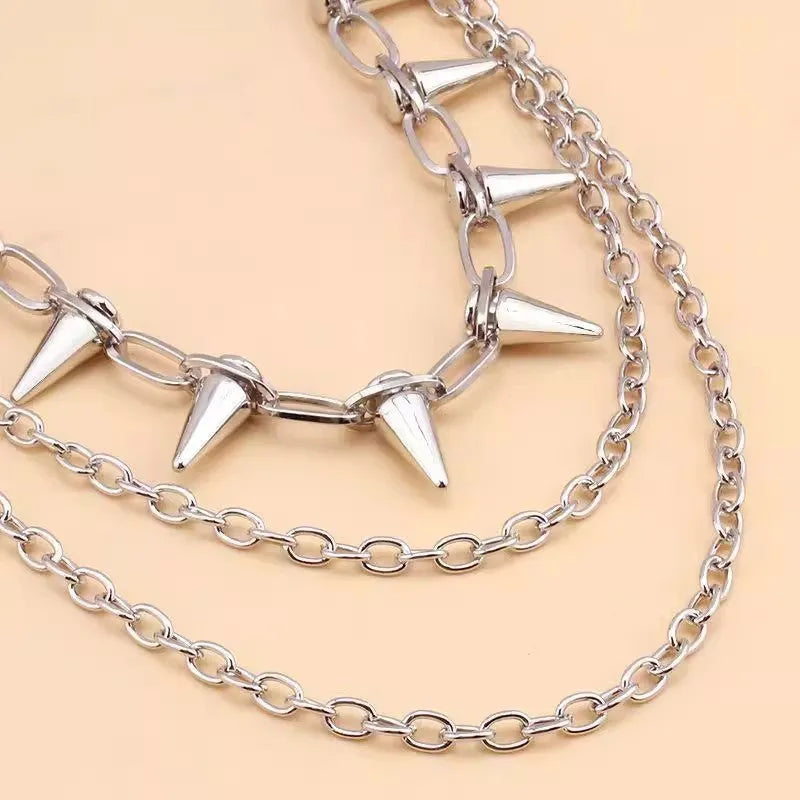 Silver metal punk chain with dark rivet and double layer phants zipper ornament, 115cm length for belt loop attachment