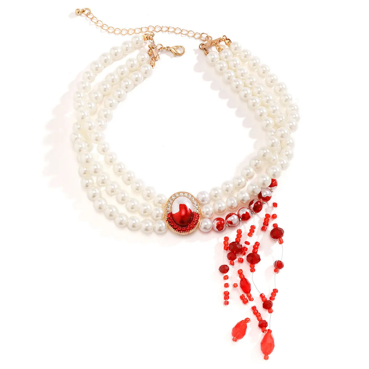 Gold tone gothic pearl collar jewellery set with U-shaped necklace, bracelet, and stud earrings.