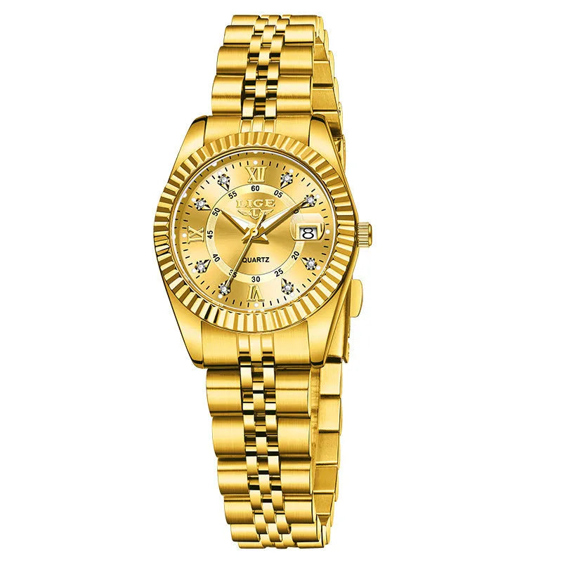 Waterproof quartz watch for women in gold and silver colour options with a 10mm thick case