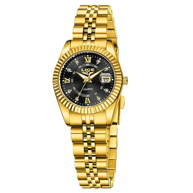 Waterproof quartz watch for women in gold and silver colour options with a 10mm thick case