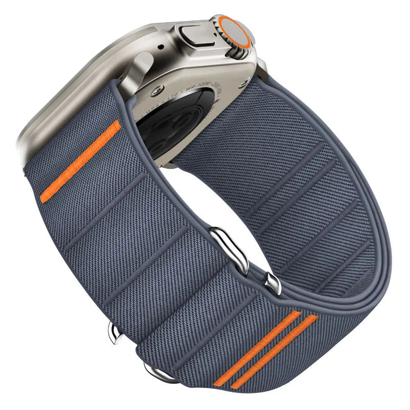 Elastic nylon Apple Watch replacement strap with stainless steel buckle shown in Army Green colour.