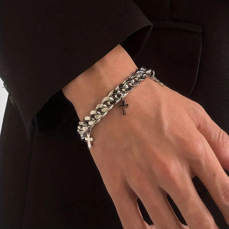 Men's titanium steel geometric cross bracelet in cold wind style design