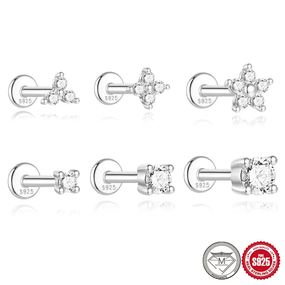 Set of S925 sterling silver geometric stud earrings with petal designs in platinum finish, showing 2mm, 3mm, and 4mm sizes.
