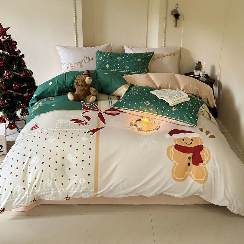 Christmas cartoon printed four-piece bedding set with duvet cover, sheet, and pillowcases on a bed