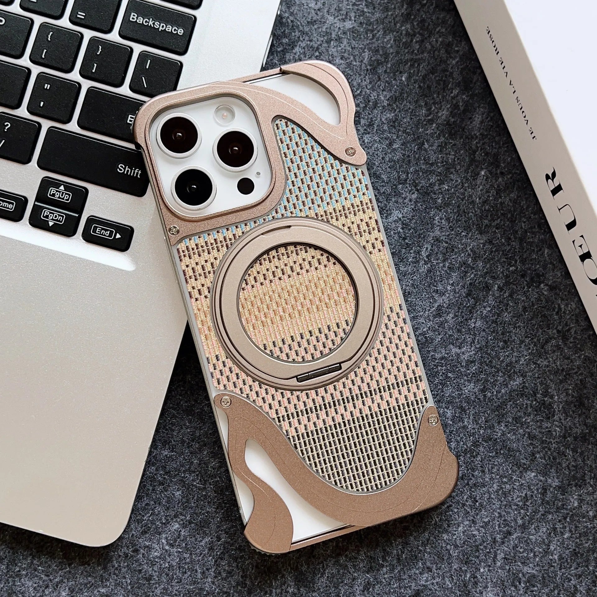 Frameless metal magnetic bracket phone case for iPhone 16 Pro in black electroplated finish