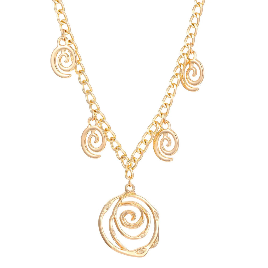 Spiral donut jewellery set showing necklace, bracelet and ear hooks with geometric circle designs in gold finish