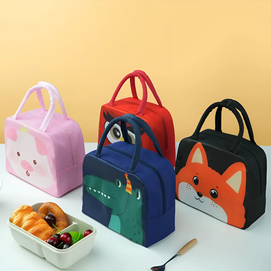 Orange bear cartoon insulated lunch box bag with aluminium foil lining.