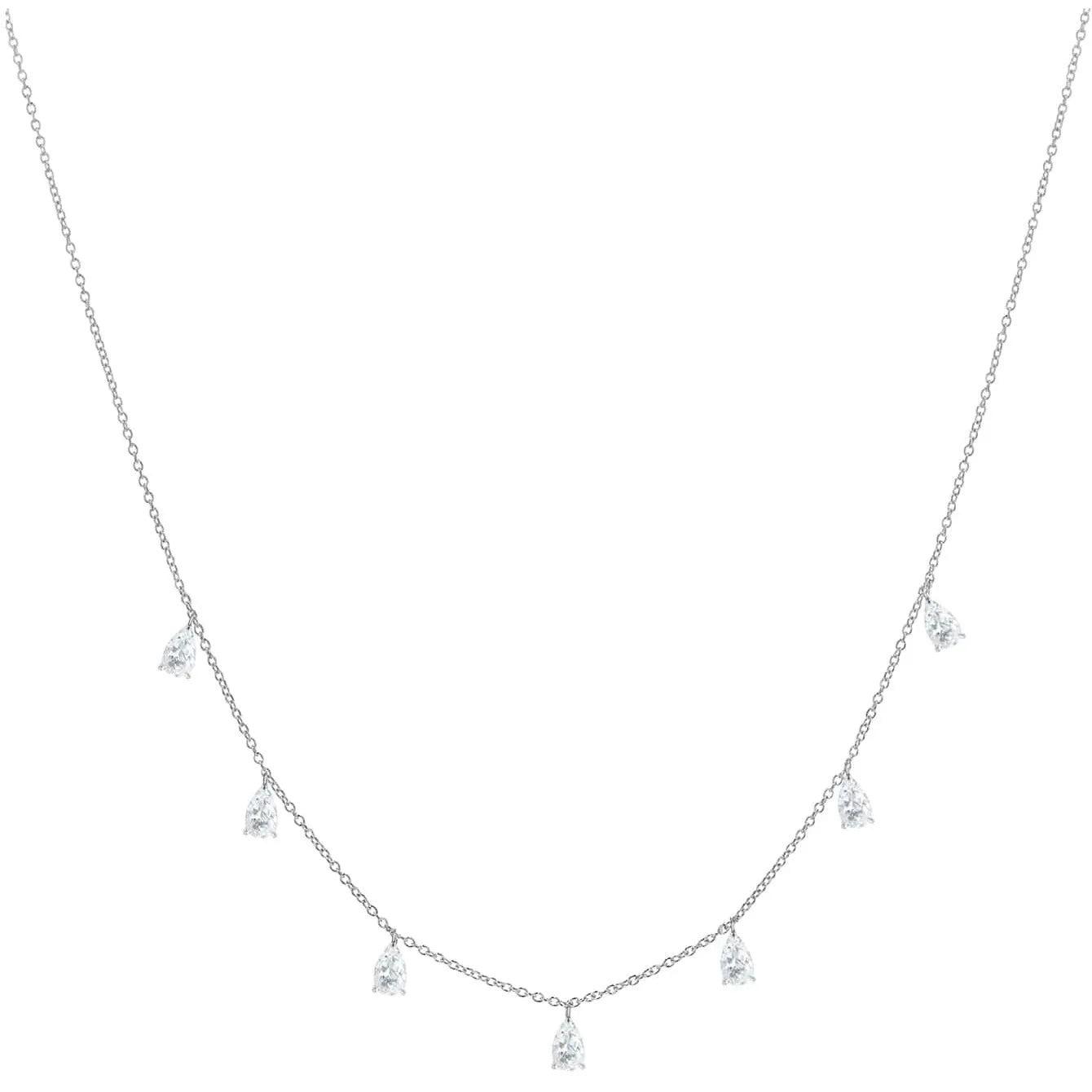 A drop-shaped sterling silver zircon pendant necklace on an O-chain, shown in silver, rose gold, and golden yellow finishes.