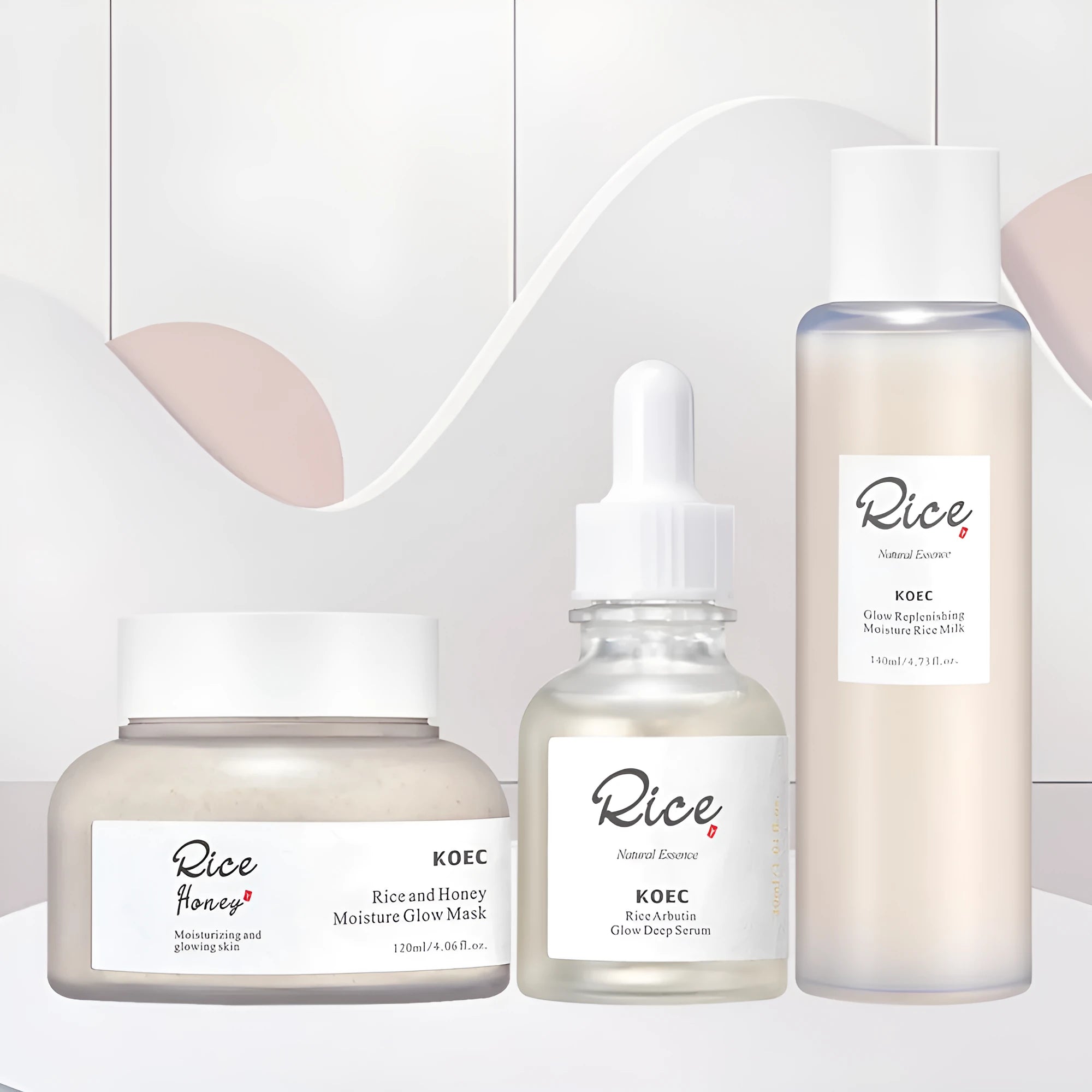 KOEC rice honey skin care three-piece set with facial mask essence and lotion in packaging