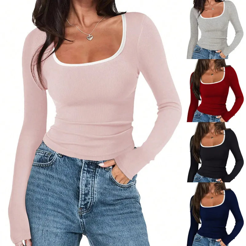 A woman wearing a slim-fit, square-collar cotton top in a solid colour with long sleeves.