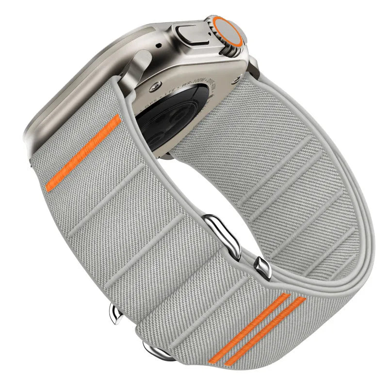 Elastic nylon Apple Watch replacement strap with stainless steel buckle shown in Army Green colour.