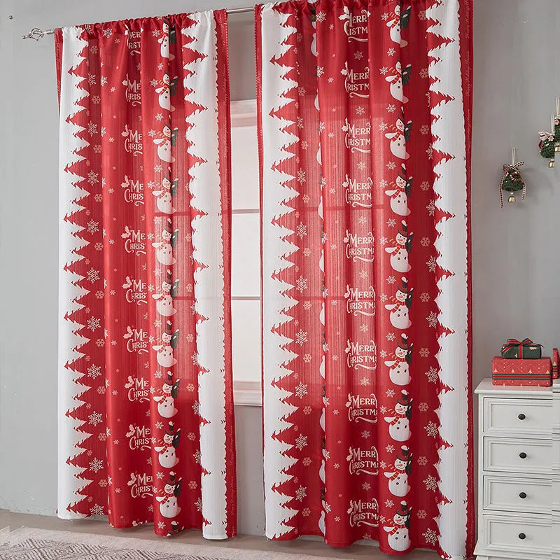 Rectangular Christmas-themed curtain with printed designs showing semi-sunshade function
