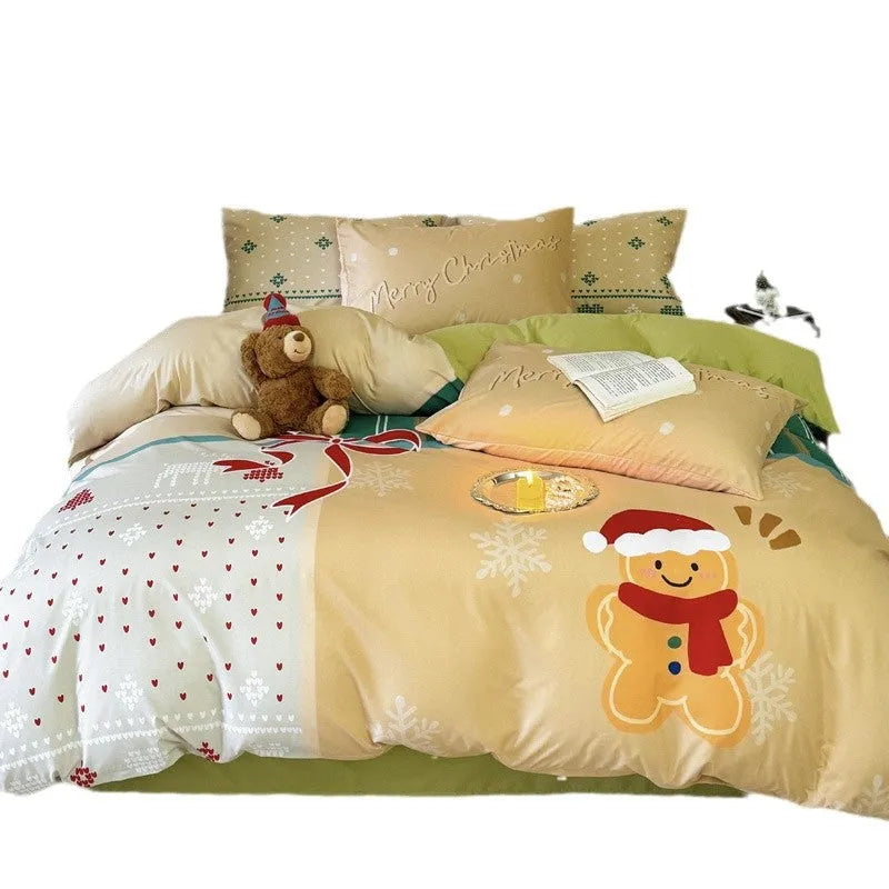 Christmas cartoon printed four-piece bedding set with duvet cover, sheet, and pillowcases on a bed